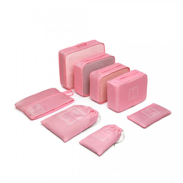 E2019 - Kono 8 Piece Polyester Travel Luggage Organiser Bag Set - Pink